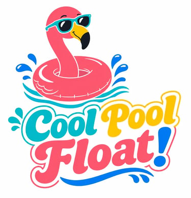 A cartoon flamingo with sunglasses inside a pink pool float with the text Cool Pool Float.