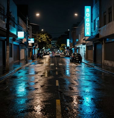 A wet street in Bogotá at night, reflecting neon cyan and electric blue signs. The composition is cinematic with dark charcoal shadows and a modern urban South American / Colombian aesthetic.