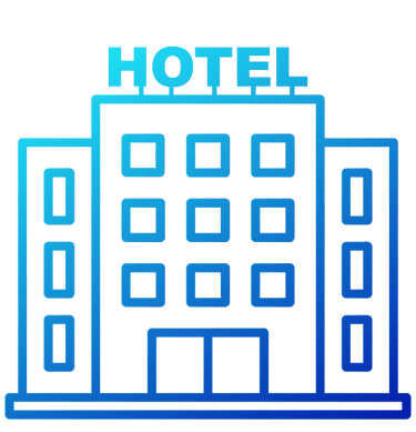 Hotel building with 'HOTEL' sign icon representing accommodation and hospitality services