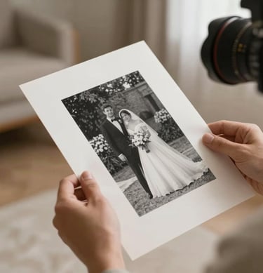 A professional photographer's hands holding a black-and-white print of a wedding, soft natural light, warm taupe and bright off-white accents, North American / European environment.
