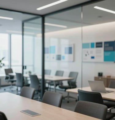 Agency meeting room with a large glass wall, talent boards visible, sleek Scandinavian furniture, professional yet welcoming atmosphere, hints of #ECF3F4 and #1A5E63.