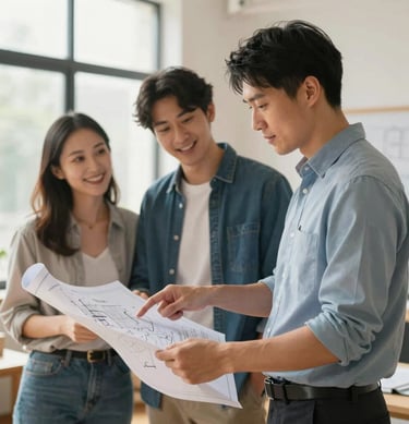 An architectural technician pointing at a blueprint while talking to a smiling couple in a bright, warm studio filled with natural light, cinematic style.