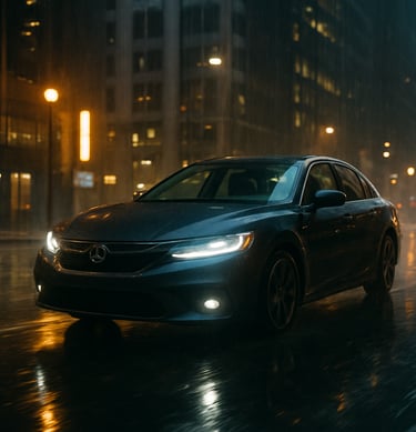 A still from a cinematic production showing a sleek, modern car driving through a North American / International city at night, rain-slicked roads reflecting neon gold and white lights.