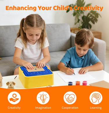 Young boy and girl using an educational art kit for creative learning and imagination.
