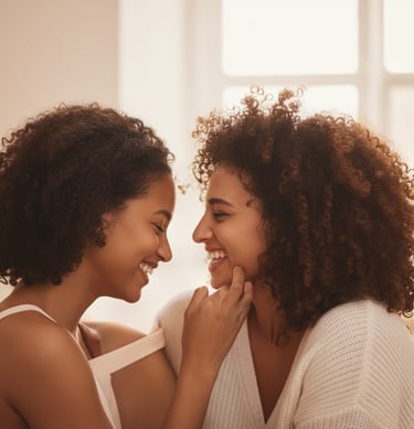 Two people sharing a joyful, affectionate moment indoors.