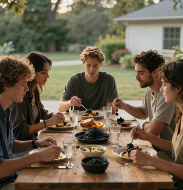 Candid photography of a group of friends sharing a meal on a North American patio. Warm, cinematic lighting, soft sand table settings and charcoal details.