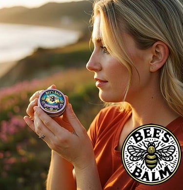 A woman faces the ocean at sunset from a beach open space, holding a 1 oz tin of Soothing Bee's Balm