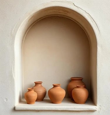 Arched wall niche with clay pottery and textured plaster walls