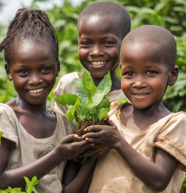 three young children holding a plant in a field