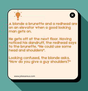 Redhead suggests man wd dandruff could use head & shoulders.Blonde, "how do U give a guy shoulders?"