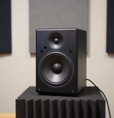 A sleek studio monitor speaker sitting on an acoustic isolation pad. The background shows a professional sound-treated wall with clean, modern grey panels. Sophisticated lighting with off-white and dark navy tones. Southern European / Spanish professional environment.