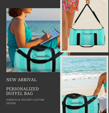 a woman sitting on a beach with a blue and white bag