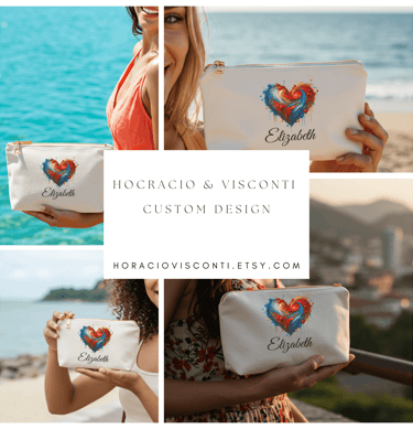 a woman holding a cosmetic bag with a heart shaped design