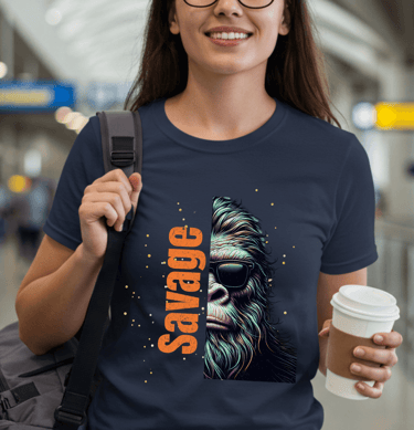 a woman in a Bigfoot t- shirt with a coffee cup