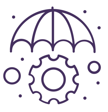 Purple line icon of an umbrella protecting a gear symbol representing business risk management and data protection.