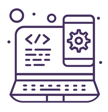Purple line icon of a laptop and smartphone with coding symbols and a gear for software development.