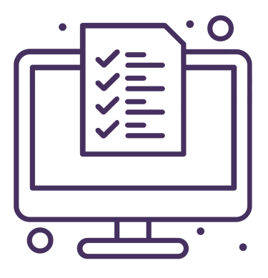 Purple line art icon of a computer monitor with a completed digital checklist for online task management.