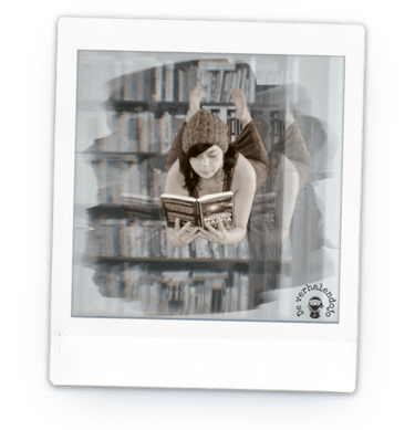 A reading woman who's flying in front of a bookcase