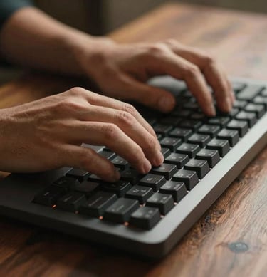 Cinematic close-up of a person's hands coding on a mechanical keyboard. Warm, sun-drenched lighting effects. Dark wood textures and #8C5845 elements in the frame.