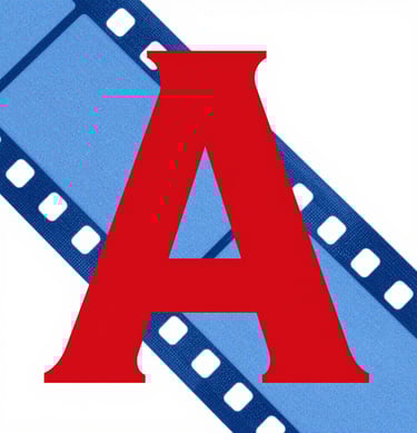 Large red #D4202B letter 'A' in bold condensed typography, overlapping with a blue #0050B3 film strip, halftone dot overlay, white background.