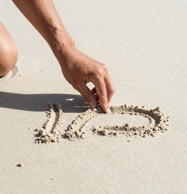 Candid medium shot of a hand gently etching lines into soft sand off-white beach, warm sun-drenched lighting, deep charcoal grey shadows defining the texture.