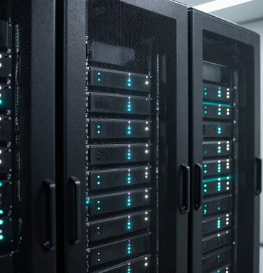 A close-up photograph of a clean, high-tech server rack inside a modern Mexican / Latin American secure data facility, featuring faint teal and white status lights, illustrating digital system integrity and protection.
