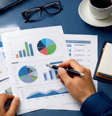 Un hombre analiza informes de datos con gráficos circulares y de barras en un escritorio..