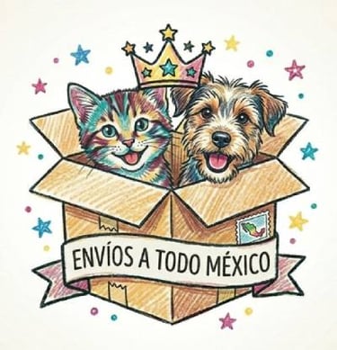 Ilustración de un gato y un perro en una caja, promocionando el envío de mascotas a Mexico