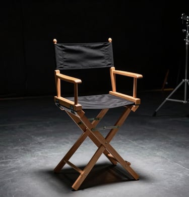Atmospheric shot of a director's chair on a dark soundstage in a North American / US studio, sharp top-lighting creating dramatic ghost white highlights against deep charcoal shadows.