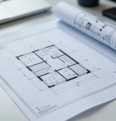 Close-up of structured architectural blueprints on an office desk, cool blue undertones, sharp focus, 35mm lens