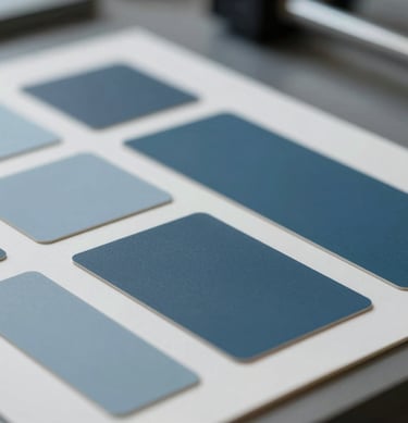 A close-up of high-quality editorial printing plates and typography samples in a sophisticated studio setting. The lighting is focused and intellectual, utilizing #AEC5BE tones.
