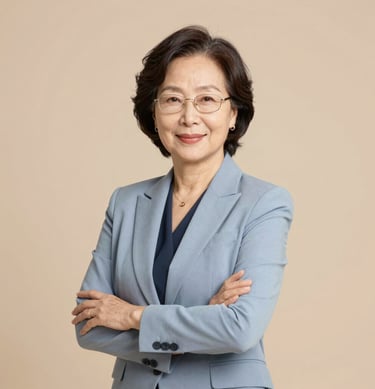 A smiling woman sitting at her laptop, engaged in an online English lesson.