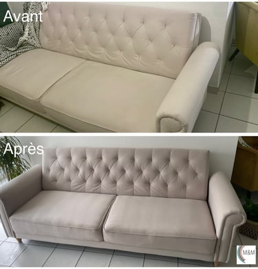 Avant après shampouinge d'une assise de canapé blanche nettoyage en profondeur à Rouen M&M Services 