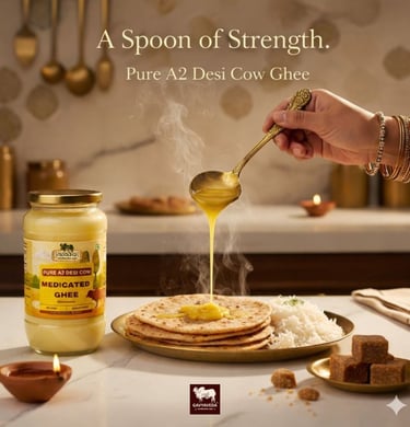 “Gavyaveda A2 Ghee is crafted using the traditional bilona method from pure desi cow milk, preservin