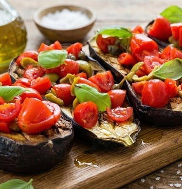 Eggplant bruschetta - Mediterranean bruschetta with tomatoes and olives