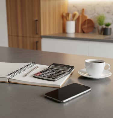 Calculator, notebook, coffee cup, and smartphone on a counter representing real estate calculations