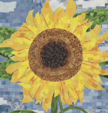 Textured paper collage of a vibrant yellow sunflower against a blue mosaic sky background.