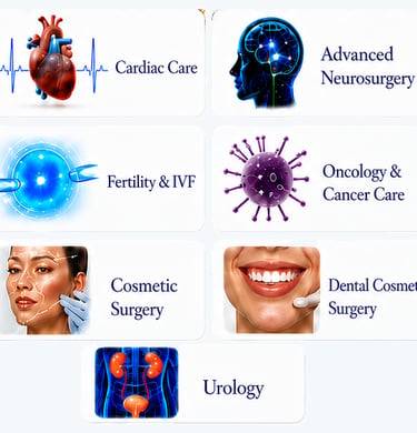 Cardiac Care, IVF, Cosmetic Surgery, Neurosurgery, Cancer Care, Dental Care, Urology