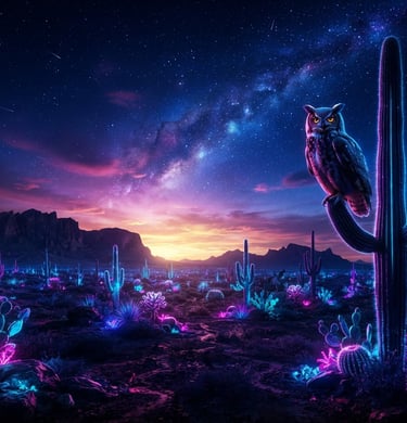 Wide panoramic Arizona desert at golden hour, an owl perched on a saguaro arm to the right third, expansive sky, low horizon