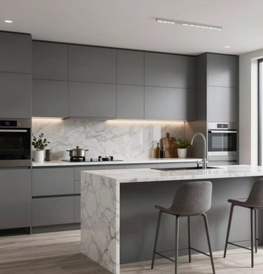 Cocina moderna minimalista en color gris con isla de mármol blanco con efecto cascada, elegantes arm