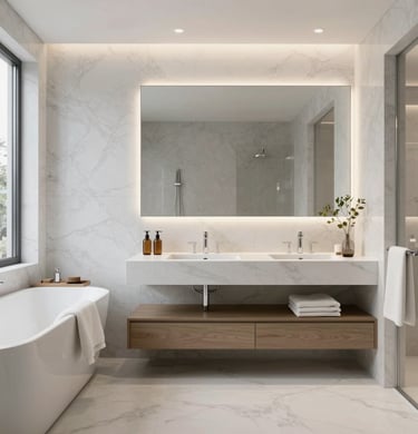 Baño moderno de lujo con azulejos de mármol blanco, lavabo doble suspendido y espejo retroiluminado.