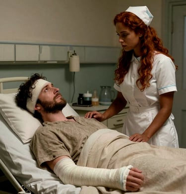 A vintage nurse caring for a male patient with a head bandage and arm cast in a hospital bed.