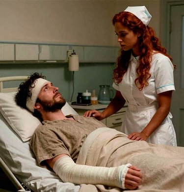 Red-haired nurse in vintage uniform caring for an injured man with head and arm bandages in a hospital bed.