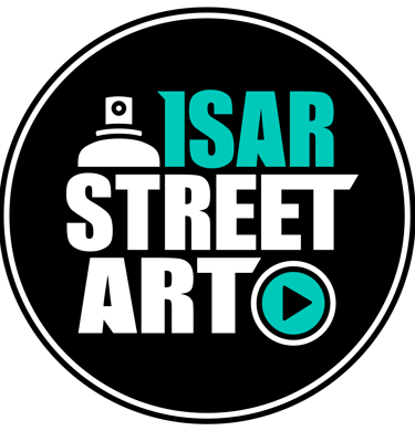 Isar Street Art logo featuring a spray paint can icon and play button on a black circular background.