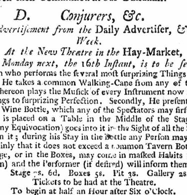 London newspaper ad 1749 Haymarket theater Conjuror performance