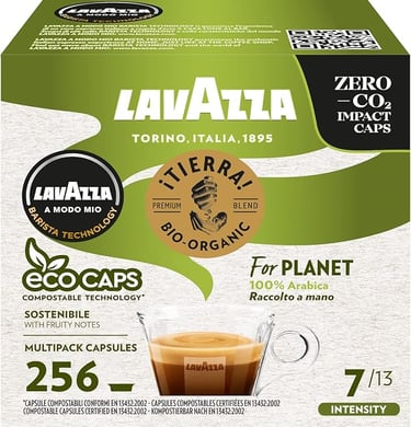 Lavazza A Modo Mio Tierra Bio-Organic coffee capsules in a 256 multipack of compostable eco caps.