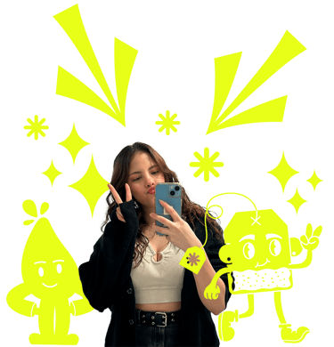 a woman holding a cell phone in front of a yellow background