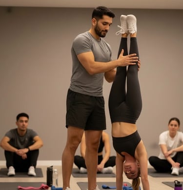 Personal Trainer Munich (Rahil) helping a student do handstand