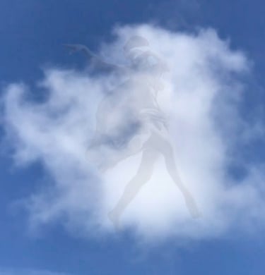 As the cloud moves, people and animals appear.