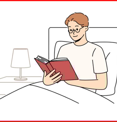 a man reading a book in bed with a lamp on the side